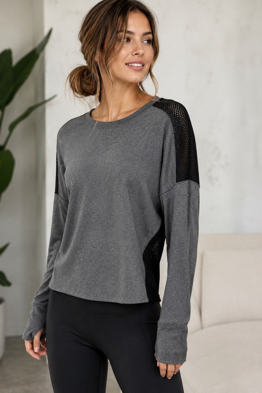 NWT Balance Collection Heather Gray Black Mesh Back Athleisure Long Sleeve Top M